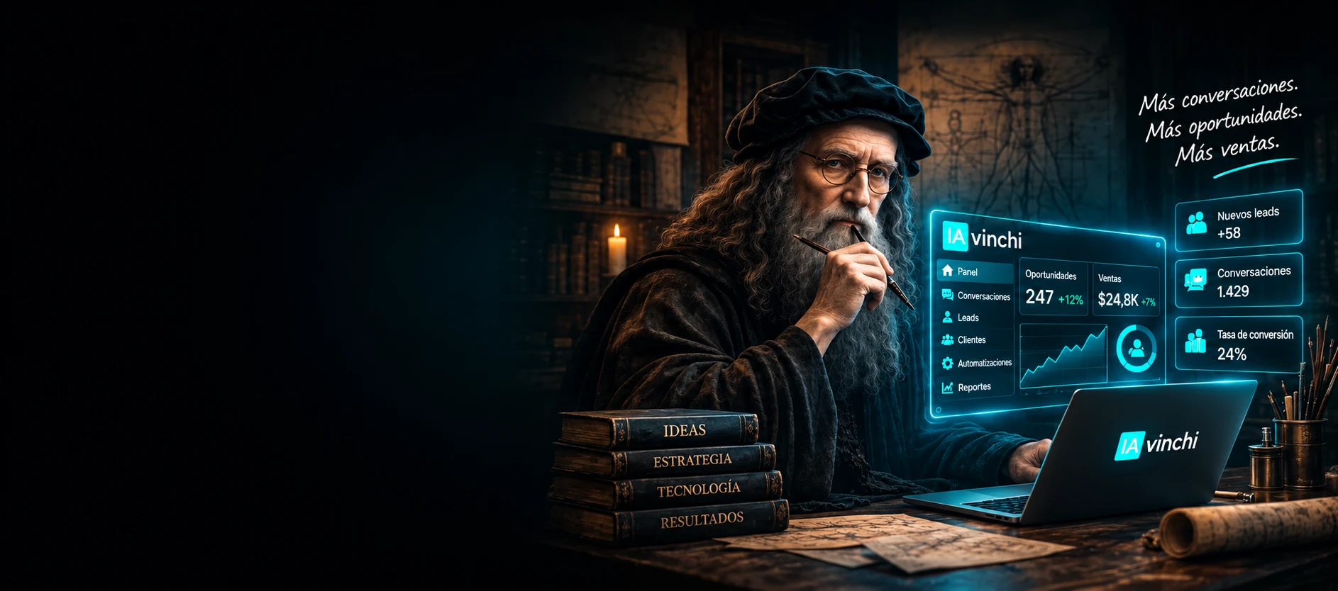 Leonardo da Vinci, pensativo, frente a un portátil con IAVINCHI abierto: nuevos leads, conversaciones y tasa de conversión. Más conversaciones, más oportunidades, más ventas.